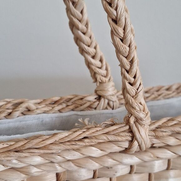 Vintage Woven Straw Tote Beige Wicker Market Shoulder Bag Lined - Picture 5 of 13